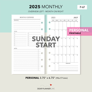 2025 Vertical Monthly with Overview - SUNDAY Start (Personal Size) Printable PDF : P-67