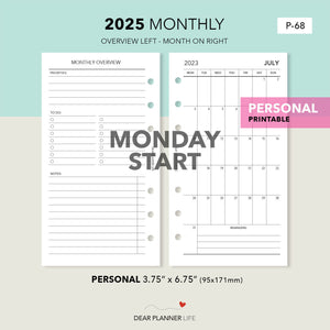 2025 Vertical Monthly with Overview - MONDAY Start (Personal Size) Printable PDF : P-68