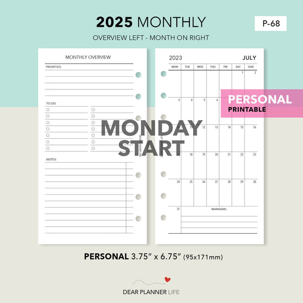 2025 Vertical Monthly with Overview - MONDAY Start (Personal Size) Printable PDF : P-68