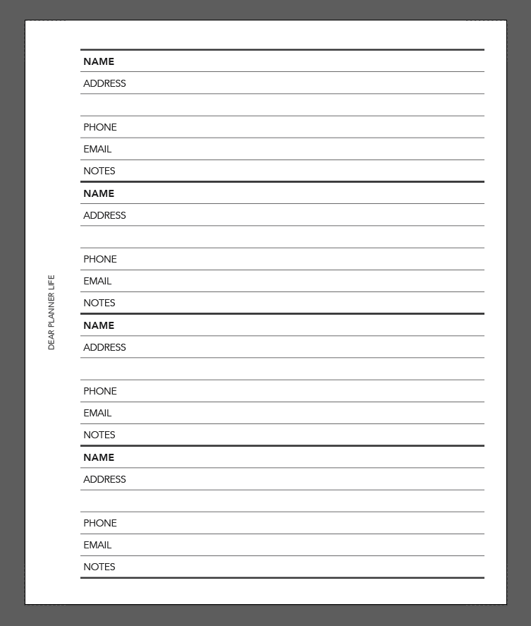 Contacts List Misc Size Printable PDF : #34