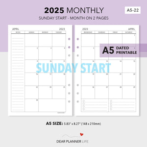 2025 A5 Size Calendar - Month on 2 Pages (SUNDAY Start) Printable PDF : A5-22