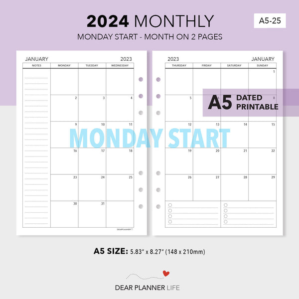 2024 A5 Size Calendar - Month on 2 Pages (Monday Start) Printable PDF : A5-25