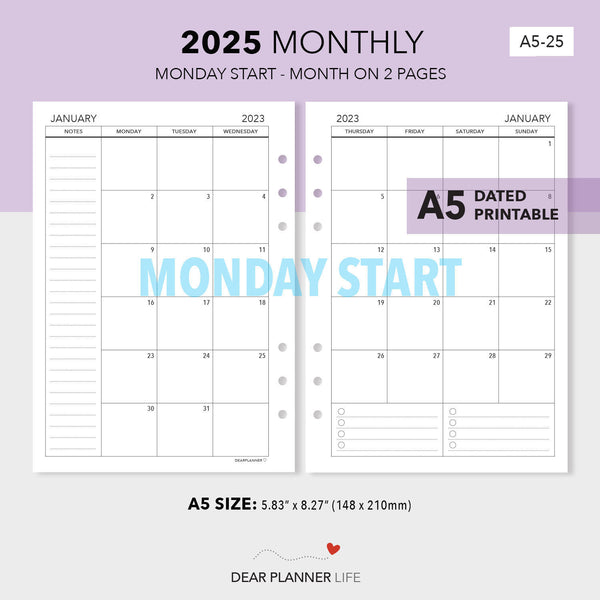 2025 A5 Size Calendar - Month on 2 Pages (Monday Start) Printable PDF : A5-25