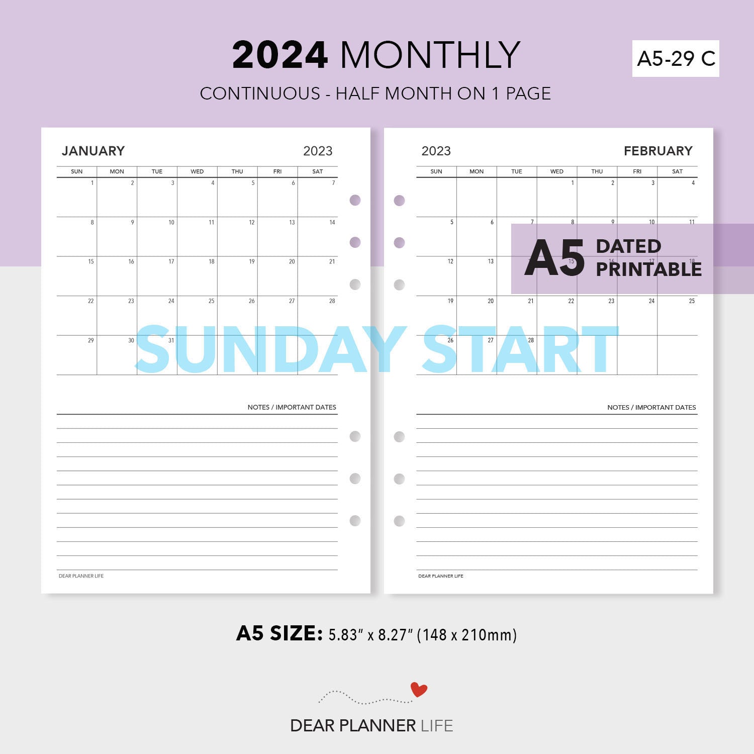 2024 Continuous Month On 1 Page, SUNDAY Start (A5 Size) Printable PDF : A5-29 C