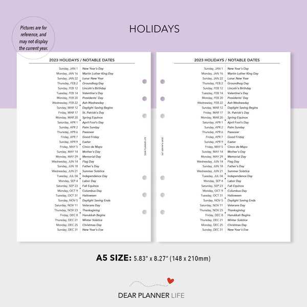 2024 Year on 1 Page with Holidays, Monday & Sunday Start (A5 size) Printable PDF : A5-45 1