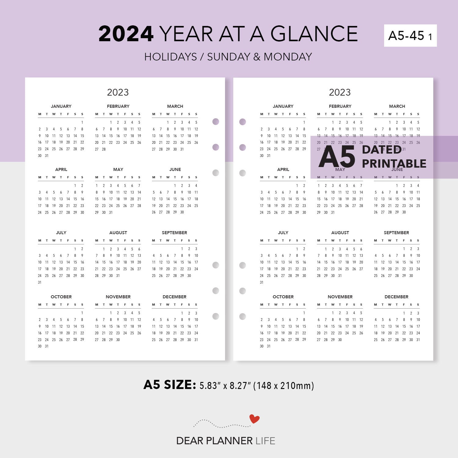 2024 Year on 1 Page with Holidays, Monday & Sunday Start (A5 size) Printable PDF : A5-45 1