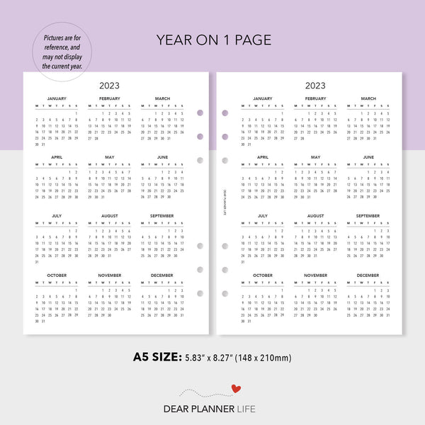 2024 Year on 1 Page with Holidays, Monday & Sunday Start (A5 size) Printable PDF : A5-45 1