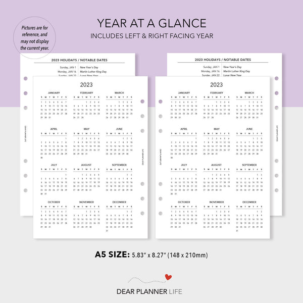 2024 Year on 1 Page with Holidays, Monday & Sunday Start (A5 size) Printable PDF : A5-45 1