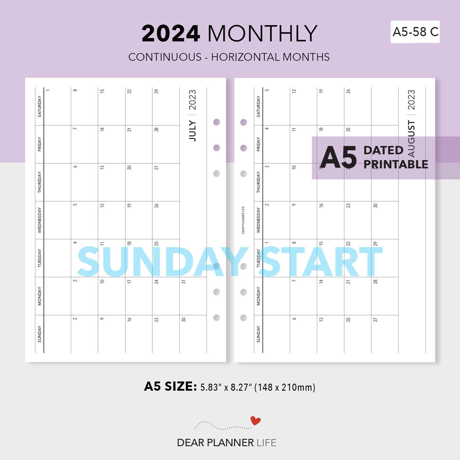 2024 Horizontal Month On 1 Page, SUNDAY Start (A5 Size) Printable PDF : A5-58 C