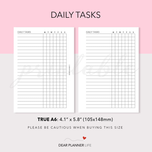 Daily Tasks Page (A6 Rings) Printable PDF : AS-01