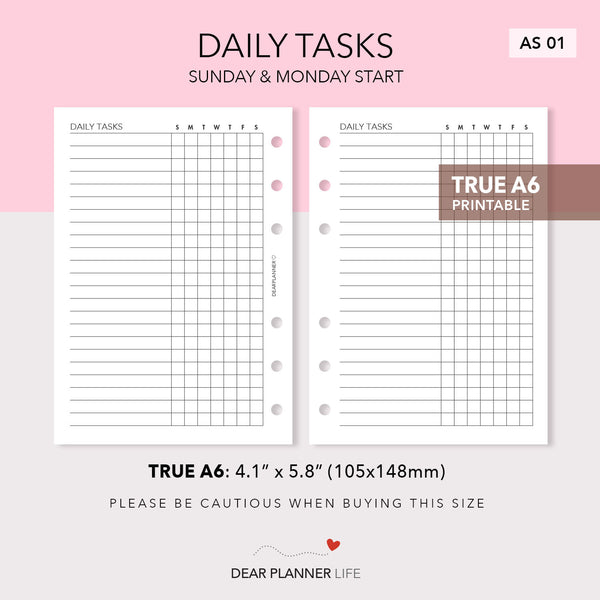 Daily Tasks Page (A6 Rings) Printable PDF : AS-01