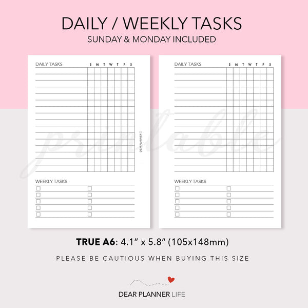 Daily / Weekly Tasks Page (A6 Rings) Printable PDF : AS-02