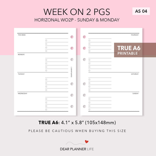 Horizontal Week on 2 Pages (A6 Rings) Printable PDF : AS-04