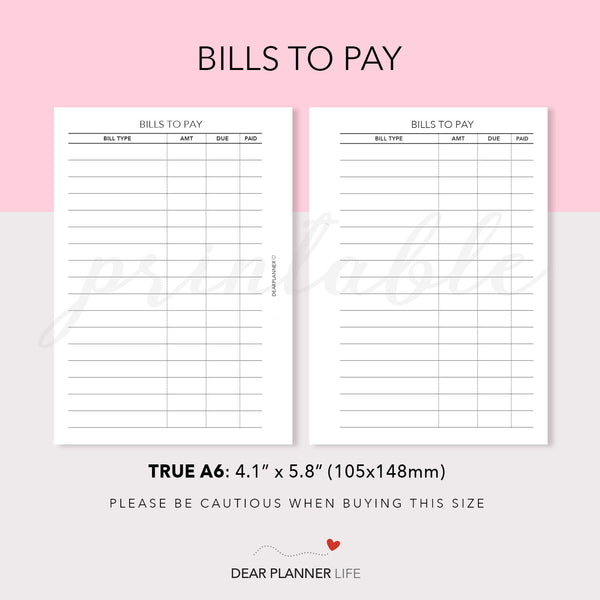 Bills to Pay (A6 Rings) Printable PDF : AS-05