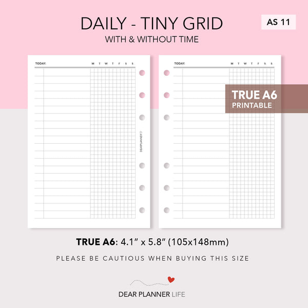 Daily with Tiny Grid (A6 Rings) Printable PDF : AS-11