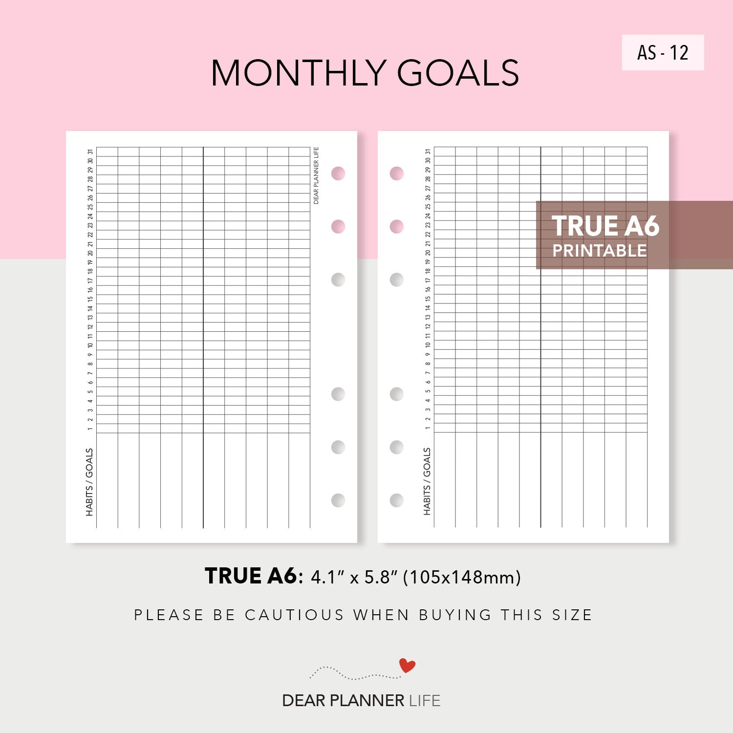 Monthly Goal Tracker (A6 Rings) Printable PDF : AS-12