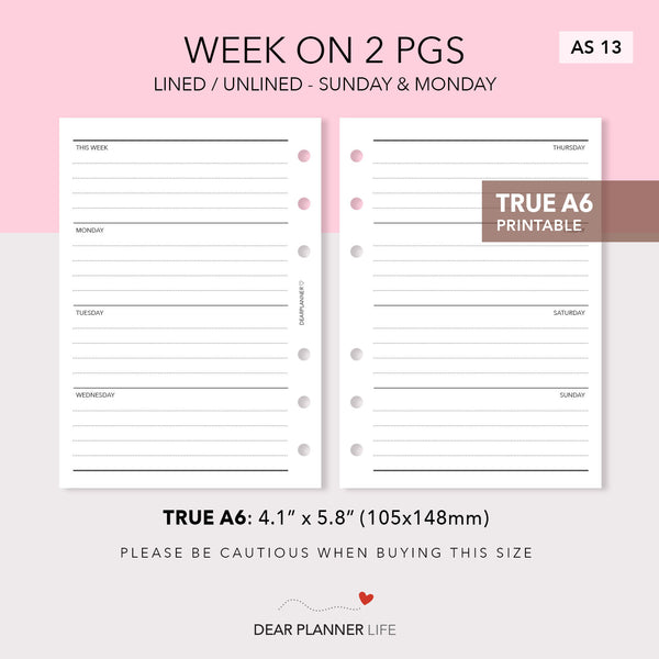 Week on 2 Pages Horizontal Layout (A6 Rings) Printable PDF : AS-13