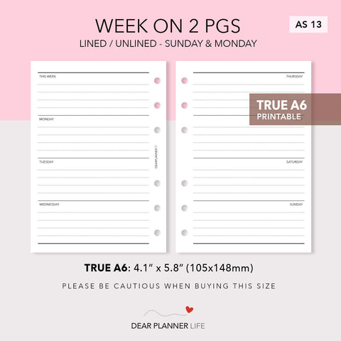 Week on 2 Pages Horizontal Layout (A6 Rings) Printable PDF : AS-13