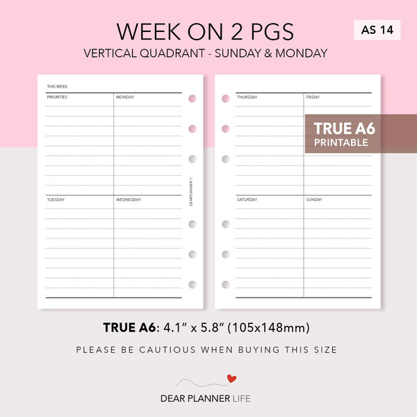 Vertical Quadrant Week on 2 Pages (A6 Rings) Printable PDF : AS-14