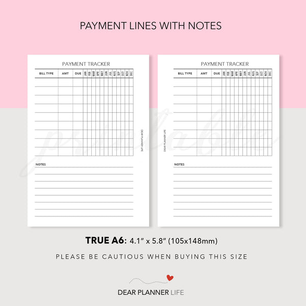 Payment Tracker (A6 Rings) Printable PDF : AS-15