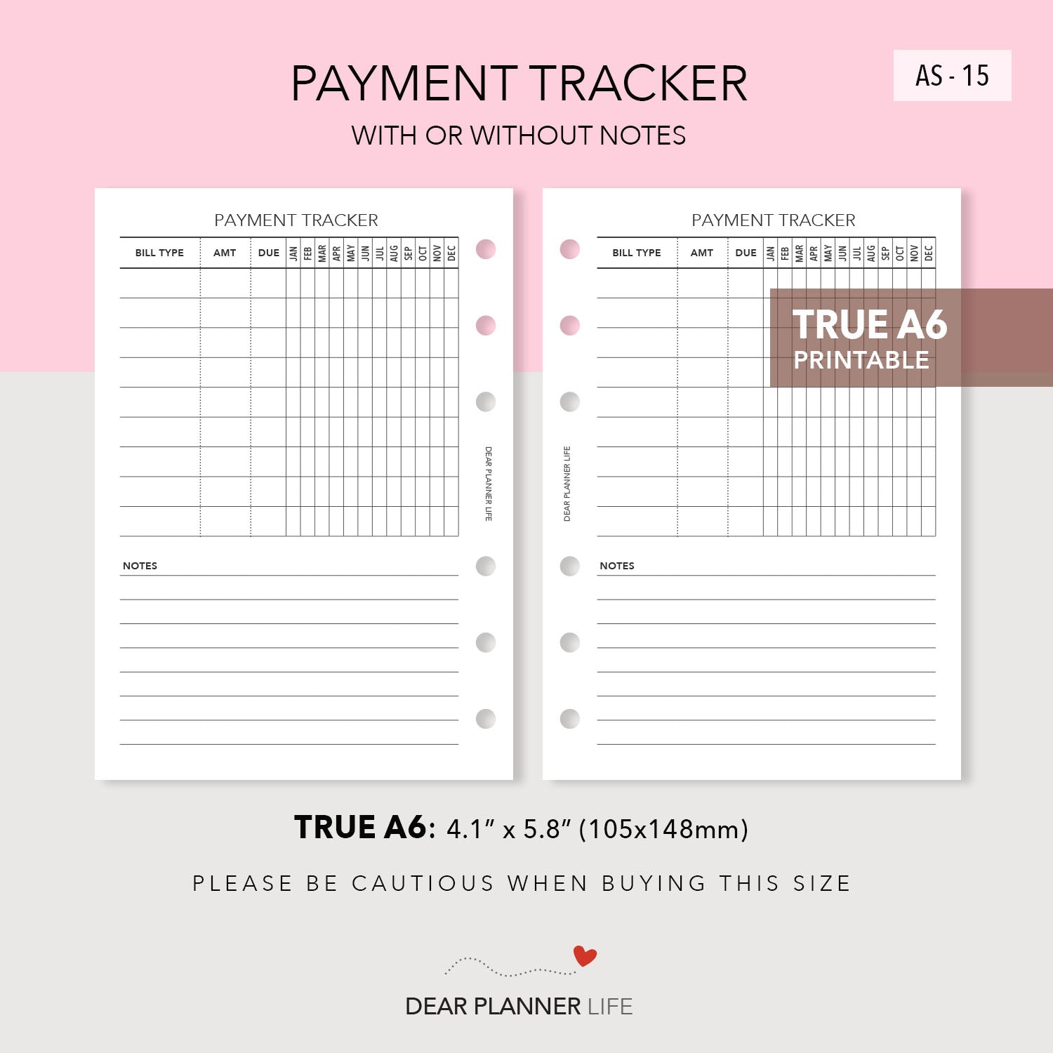 Payment Tracker (A6 Rings) Printable PDF : AS-15