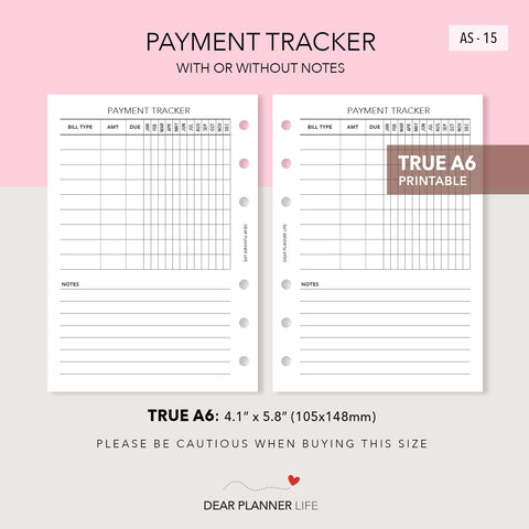 Payment Tracker (A6 Rings) Printable PDF : AS-15