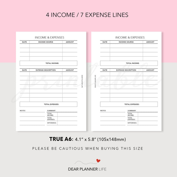 Income & Expenses Tracker (A6 Rings) Printable PDF : AS-16