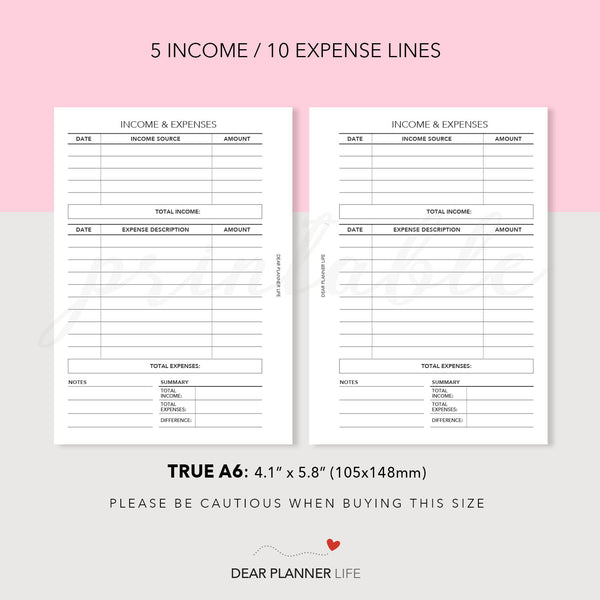 Income & Expenses Tracker (A6 Rings) Printable PDF : AS-16