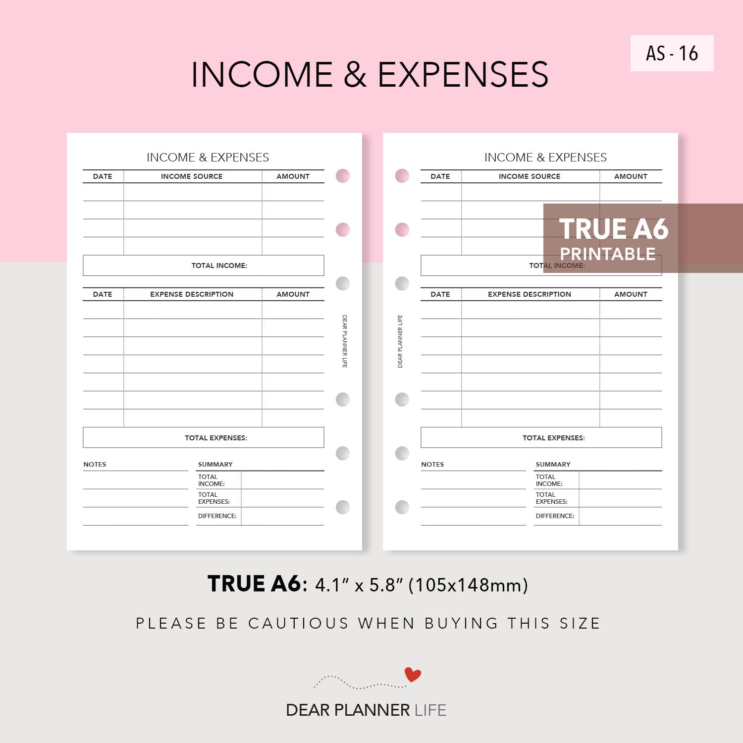 Income & Expenses Tracker (A6 Rings) Printable PDF : AS-16