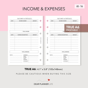 Income & Expenses Tracker (A6 Rings) Printable PDF : AS-16