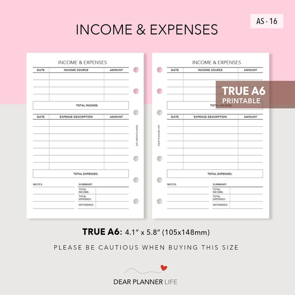 Income & Expenses Tracker (A6 Rings) Printable PDF : AS-16