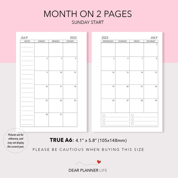 2024 Month on 2 Pages (A6 Rings) Sunday Start, Printable PDF : A6-22