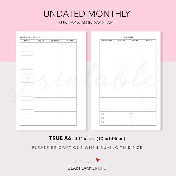 Undated Month on 2 Pages (A6 Rings) Printable PDF : AS-22.25