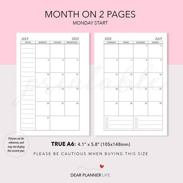 2024 Month on 2 Pages (A6 Rings) MONDAY Start, Printable PDF : A6-25