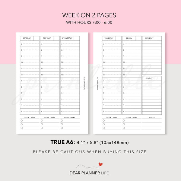 Vertical Week on 2 Pages With or Without Hours (A6 Rings) Printable PDF : AS-26