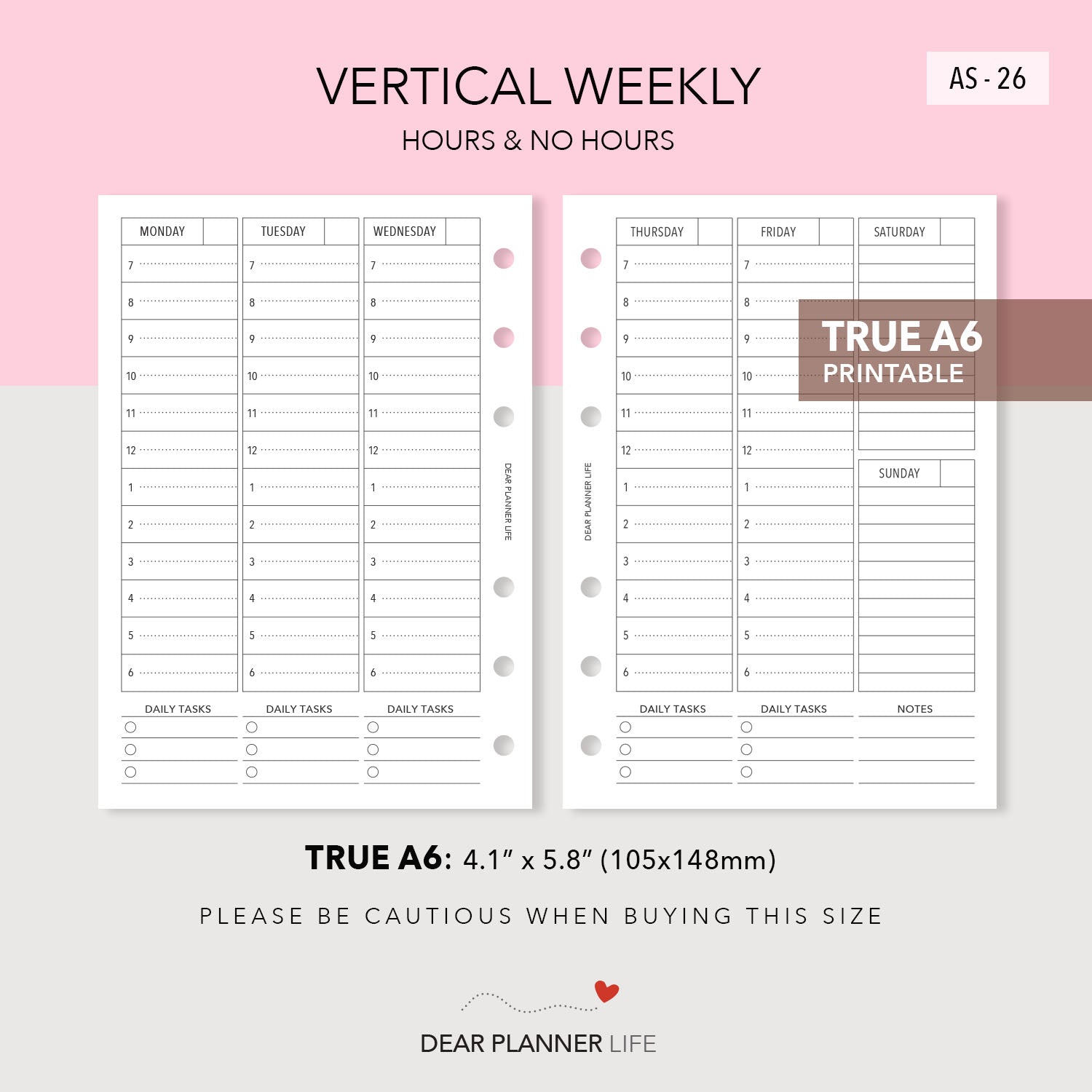 Vertical Week on 2 Pages With or Without Hours (A6 Rings) Printable PDF : AS-26