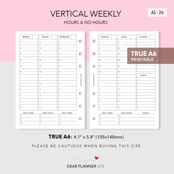 Vertical Week on 2 Pages With or Without Hours (A6 Rings) Printable PDF : AS-26