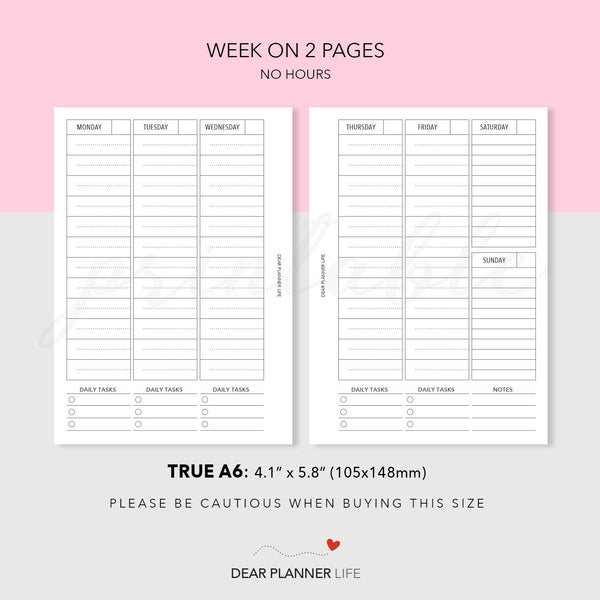 Vertical Week on 2 Pages With or Without Hours (A6 Rings) Printable PDF : AS-26