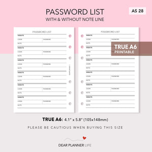 Password List (A6 Rings) Printable PDF : AS-28