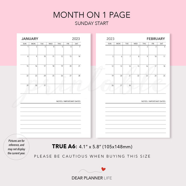 2024 Continuous Month on 1 Page (A6 Rings) SUNDAY Start, Printable PDF : A6-29 C