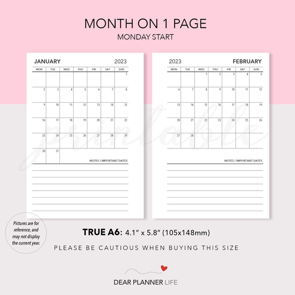 2024 Continuous Month on 1 Page (A6 Rings) MONDAY Start, Printable PDF : AS-30 C