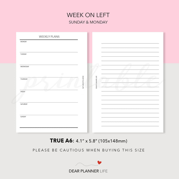 Undated Simple Week On 1 Page (A6 Rings) Printable PDF : AS-31