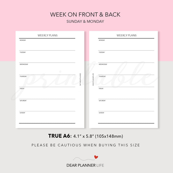 Undated Simple Week On 1 Page (A6 Rings) Printable PDF : AS-31