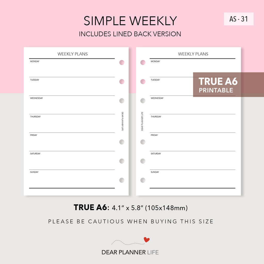 Weekdays Ring Undated Simple Week On 1 Page (A6 Rings) Printable PDF : AS-31 ...