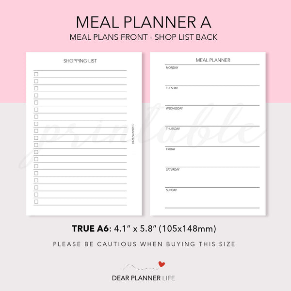 Meal Tracker A (A6 Rings) Printable PDF : AS-32A