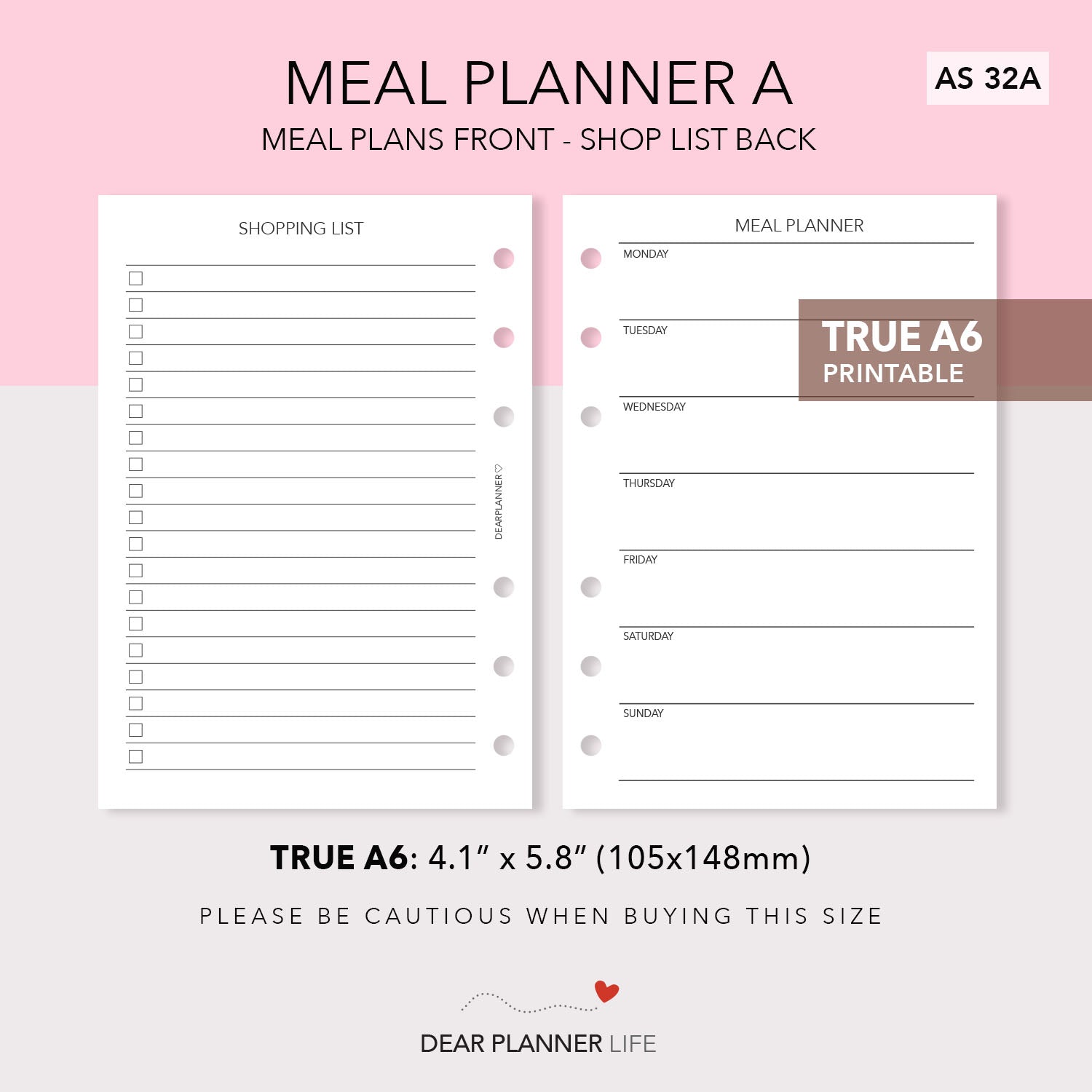 Meal Tracker A (A6 Rings) Printable PDF : AS-32A