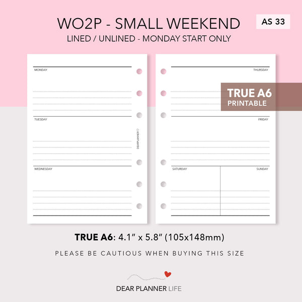 Week on 2 Pages with Small Weekend (A6 Rings) Printable PDF : AS-33