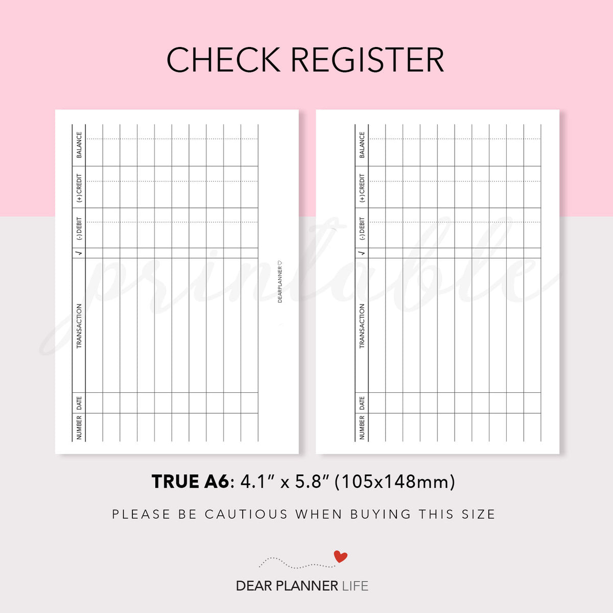 Check Register (A6 Rings) Printable PDF : AS-35 – DearPlannerLife