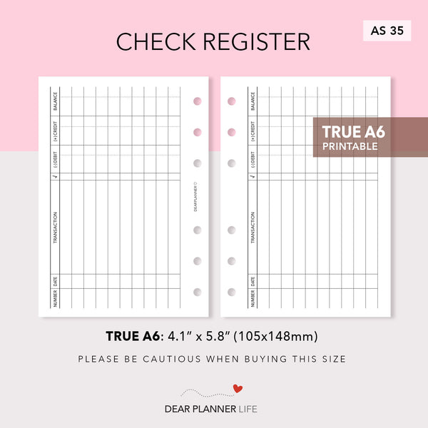Check Register (A6 Rings) Printable PDF : AS-35