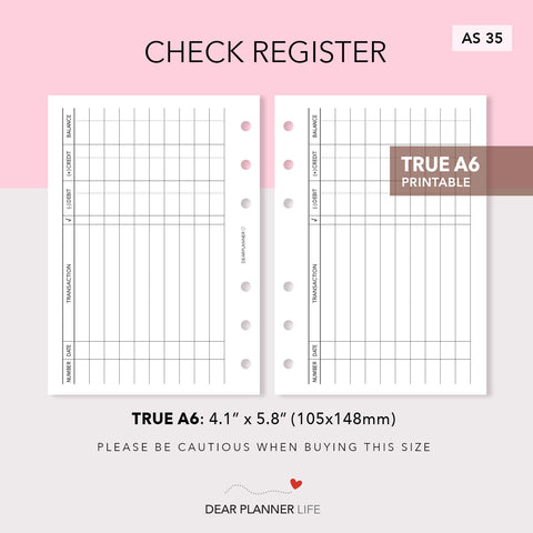 Check Register (A6 Rings) Printable PDF : AS-35